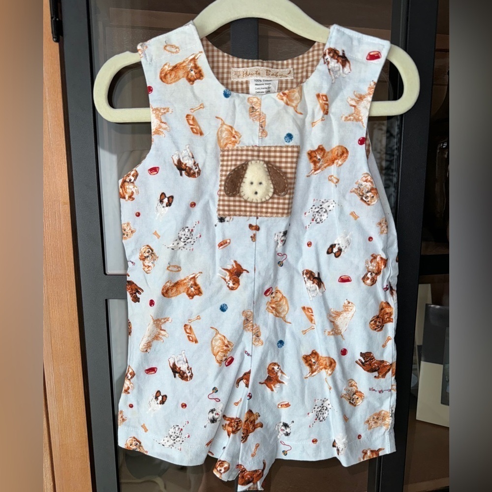 Puppy dogs jon jon romper shortall baby boy embroidered appliqué smock puppies - Picture 1 of 6